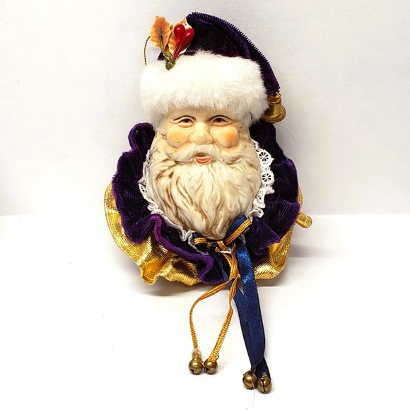 Old World Santa Christmas Ornament Lot x2 Ceramic Velvet Bells Blue Purple 5" - Picture 3 of 7